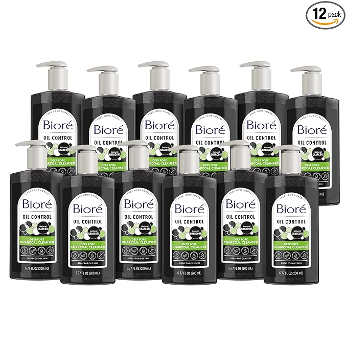 Biore Deep Pore Charcoal Face Wash, Daily Facial Cleanser for Dirt & Makeup Removal, for Oily Skin, 6.77 Oz, Pack of 12