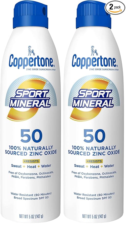 Coppertone SPORT Sunscreen Spray SPF 50, Zinc Oxide Mineral Sunscreen, Water Resistant, 5 Oz (Pack of 2)