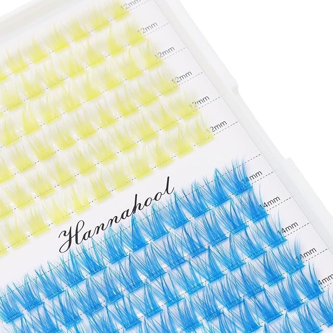 12rows-Large Tray Mixed 8-10-12-14-16mm/Mixed 14-15-16mm/Mixed14mm-16mm/Mixed 18-20mm Wide Stem Individual False Eyelashes Dramatic Black Cluster Eyelashes (T50-yellow-blue-12-14mm)