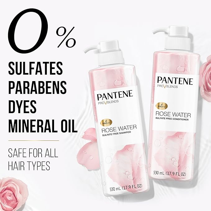 Pantene Sulfate Free Shampoo and Conditioner Set, Rose Water, Soothing and Moisturizing, Infused with Vitamin B5, for all Hair Types, Safe for Color Treated Hair, Pro-V Blend, 17.9 Fl Oz Each, 2 Pack