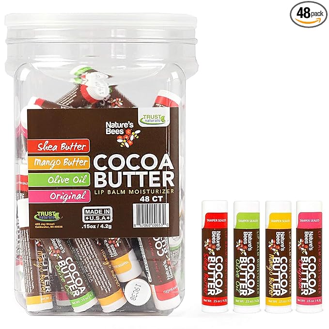Nature's Bees, Cocoa Butter Flavored Lip Balm Tubes Set Bulk Assortment Chap Treatment Moisturizer For Dry Lips, Original Variety Assortment (Shea Butter, Original, Olive Oil, Mango Butter) - 48 Pack