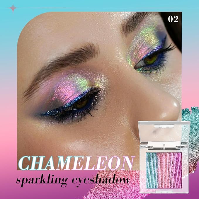 Afflano Chameleon Eyeshadow Half Magic, Multichrome Duo Chrome Eyeshadow Palette Color Shift, Holographic Sparkle Blue-Pink-Purple Rainbow Glitter Eyes Shadow Makeup, Iridescent Face Highlighter, #02