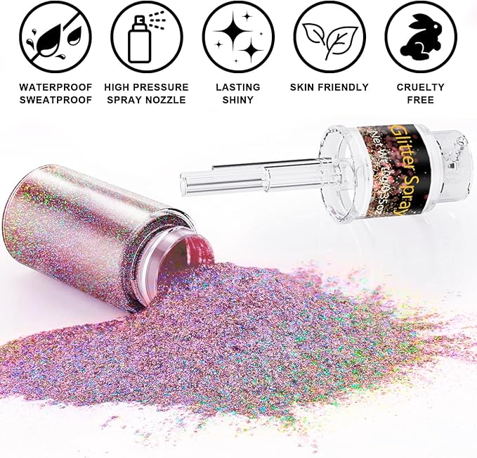 Hair and Body Glitter Spray, Glitter Hairspray Dry Powder Makeup for Clothes, Festival Rave Prom Loose Sparkle Powder,Holographic Ultra Fine Resin Glitters for Crafts (Metallic Beauty Beam)
