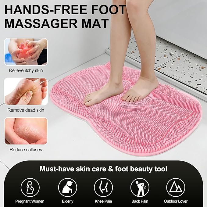 Bath Shower Foot Scrubber Mat - Silicone Shower Foot Scrubber Mat (XL) Cleaner Foot Toes Clean Pad Without Bending Non-Slip Suction Cups Bathroom mat 17.2 * 13 inch - Pink