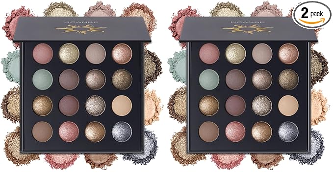 UCANBE Baked Eyeshadow Makeup Palette with Hidden Gems, 16 Colors Nude Eye Shadow with Matte Glitter Metallic Shimmer, Highly Pigmented Long Lasting Make Up Pallet (Pack of 2)