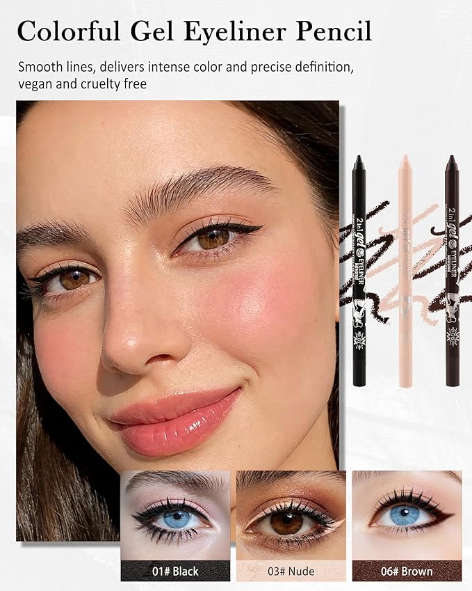 3Pcs Black Nude Brown Eyeliner Gel Pencil Set, Long Stay Eyeliner Waterline Waterproof Smudge-Proof, Safe for Sensitive Eyes, Eye Liner Brightener Pen with Sharpener, Soft Cream Colored Eye Makeup Pen