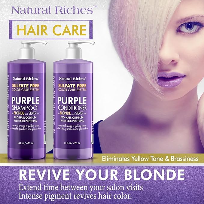 Natural Riches Purple Shampoo and Conditioner Set for Blonde, Silver & Gray Hair – Sulfate-Free, Color-Safe, Removes Brassy & Yellow Tones for Natural, Highlighted, and Bleached Hair – 16x2 fl oz