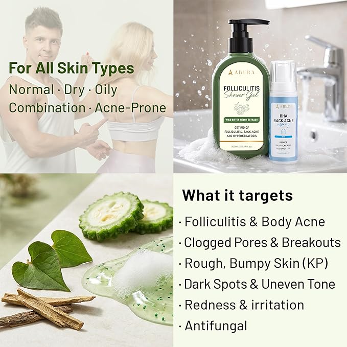 ABERA Folliculitis Shower Gel, High-Performance BHA Body Wash with Wild Bitter Melon Extract, 1 BOX + GIFT Back Acne Spray with Neem & Scutellaria Extract, Azelaic Acid, Clears Acne & Fades Dark Spots