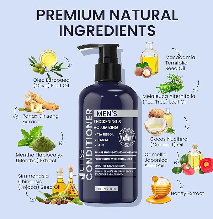 Uttse Biotin Hair Growth Conditioner for Men: Natural Thickening and Volumizing Conditioner with Tea Tree Oil Ginseng Mint for Hair Loss and Thinning Hair - 10.1 fl.oz, Dark Blue