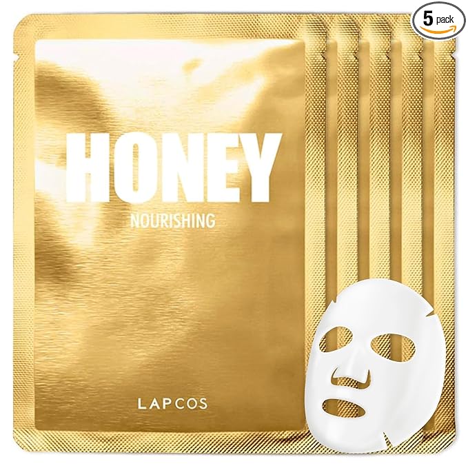 LAPCOS Honey Sheet Mask - Nourishing & Hydrating Face Masks with Hyaluronic Acid to Hydrate and Tighten Dry Skin - Highly Breathable Lyocell Sheet - Korean Skin Care Beauty Favorite (Pack of 5)