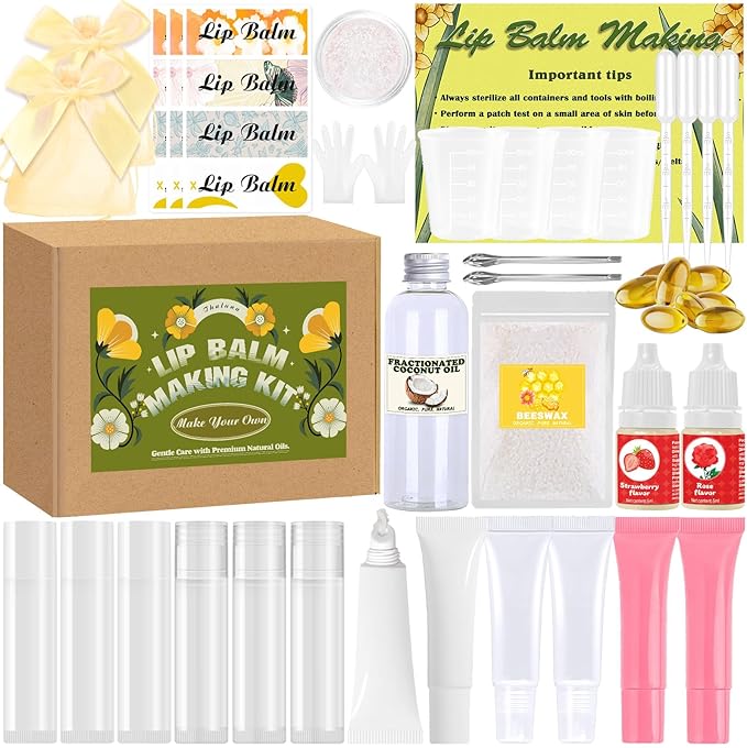 Thaluna Lip Balm Making Kit with Fractionated Coconut Oil, Make Your Own Lip Balm, Moisturizing DIY Lip Gloss Making Kit - Beeswax, Essential Oil, Squeeze Empty Tubes, Christmas Gift for Girls & Women