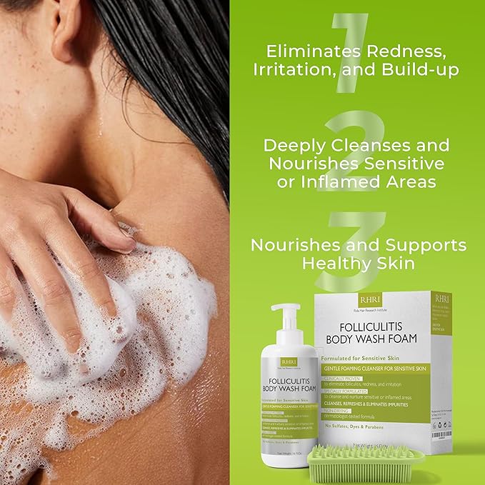Folliculitis Treatment Folliculitis Body Wash Sensitive Skin | Foaming Cleanser for Redness & Irritation with No Sulfates, Dyes or Parabens | Body Wash Includes Bonus Scrubber Brush