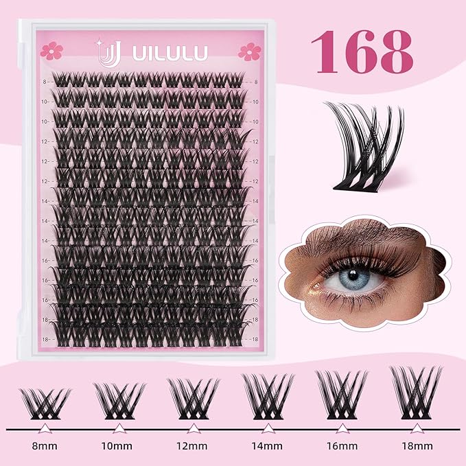 UILULU DIY Lash Extension Kit 168 Count Individual Lash Clusters D Curl Clusters Lashes, Lashes Kit with Lash Bond & Seal, Lash Remover, Lash Tweezers, and Lash Brush D Curl-0.07-8-18MM (U03 Lash Kit)