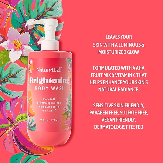NATURE WELL Brightening Body Wash, Gentle & Creamy Formula Enriched with Mango Seed Butter & Vitamin C, Promotes a Luminous & Healthy-Looking Glow, Orange Zest, Blushed Rose, & Vanilla Scent, 33 Oz