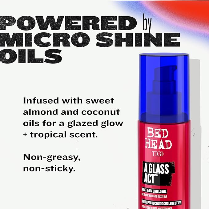 Bed Head by TIGI A Glass Act Multi-Tasking Heat Protectant Oil with UV & Color Defense, Anti-Frizz & Glass-Shine Finishing, 3.62 fl oz