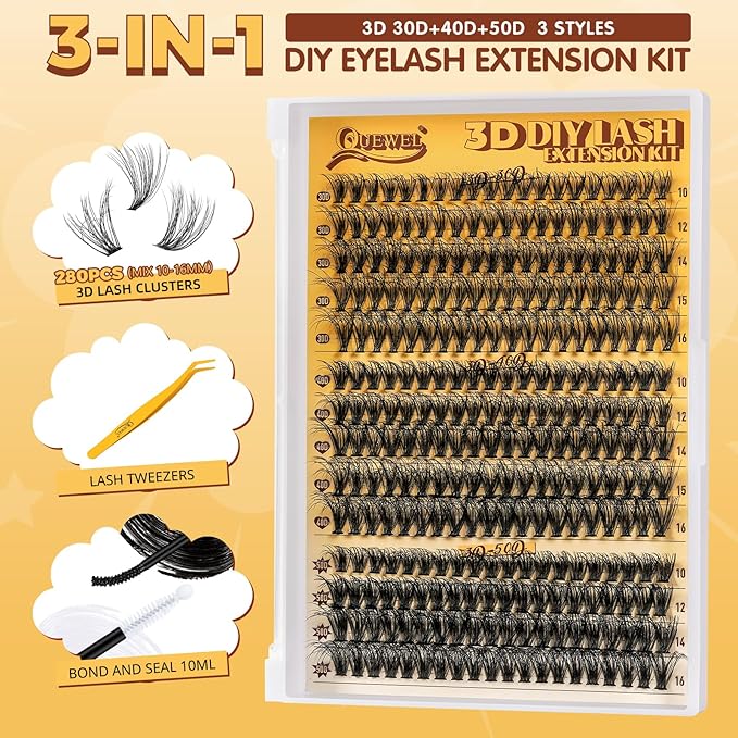 QUEWEL DIY-Lash-Extension-Kit, 3D Fluffy-Lashes-Clusters-Kit with 280PCS 30+40+50D Lashes Clusters Mixed 10-16mm Eyelash Clusters, Lash Bond and Seal, Eyelashes Tweezers DIY at Home(3D 30+40+50 KIT)