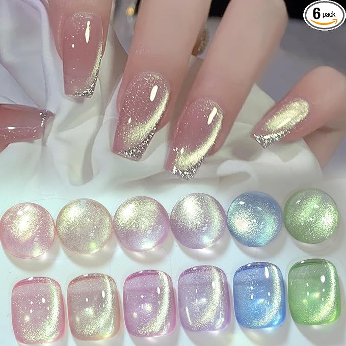 Born Pretty Cat Magnetic Eye Gel Nail Polish, Shimmer Glitter Holographic Auroas Gels Spring Summer Pink Green Blue Translucent, Gel Polish Set Manicure Salon Nails Art DIY at Home