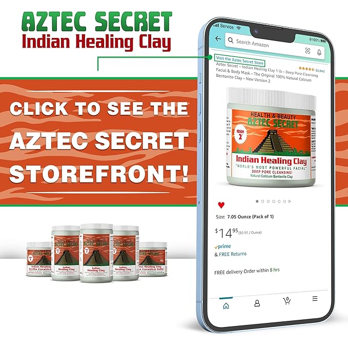 Aztec Secret Clay Premium Mask Set by Etana Beauty – All-In-One Kit Includes 16 oz Indian Healing Clay, 16oz Bragg's Apple Cider Vinegar, Natural Bamboo Bowl, Stir, Scoop, Brush & Tote