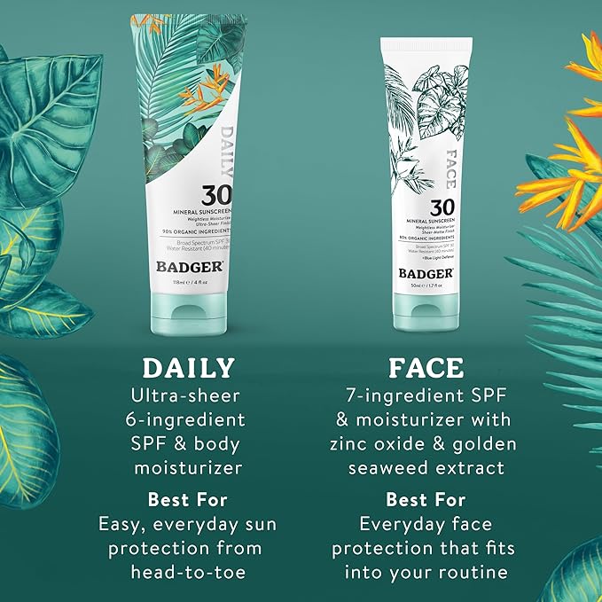 Badger Zinc Oxide Face Sunscreen SPF 30, Lightweight Mineral Sunscreen for Face, Matte Finish, No White Cast, Vegan, Water Resistant, Unscented, Mineral Sunblock Facial Lotion, 1.7 fl oz, 2-Pack
