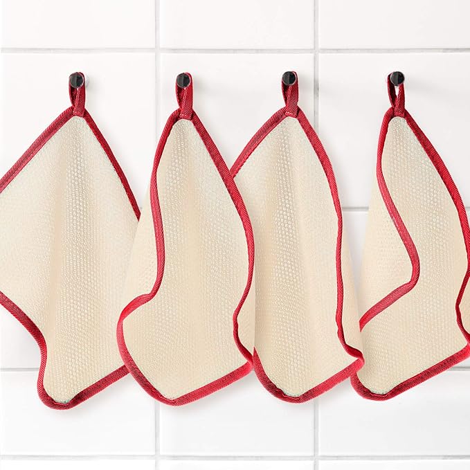 Tatuo 5 Pcs Exfoliating Face and Body Wash Cloths Towel Weave Bath Exfoliating Scrub Massage Bath Cloth for Women and Men, 10.23 x 8.66 Inch(Red Edge)