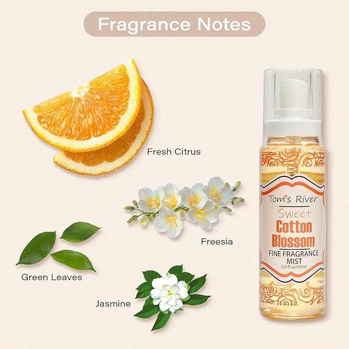 Tom's River Fine Fragrance Body & Hair Mist | Cotton Blossom Scented (Pack of 3) | For Daily Use | Travel-Friendly | 2 fl oz/ 60ml per Bottle (Pack of 3, Cotton Blossom)