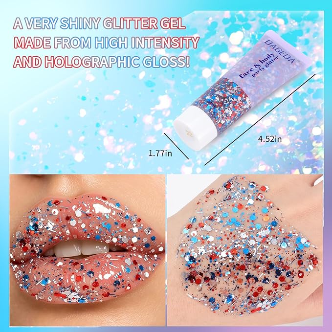 DAGEDA Red White Blue Body Face Glitter, 4th of July Outfits Accessories for Women, Patriotism Face Glitter Makeup, Fourth of July Patriotic Independence Day Hair Accessories Party Costumes（Strip）