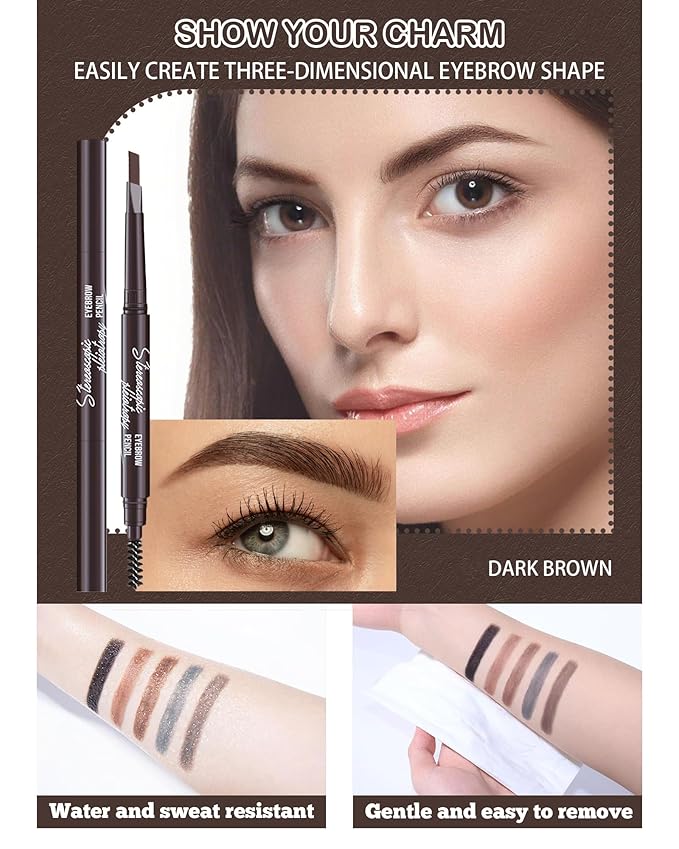 Waterproof Eyebrow Pencils for Women, 6Pcs Double-ended Dark Brown Eye Brow Pencil with Razor Kit, Triangular Tip Design Makes it Easier to Define and Fill in Brows for a Natural Look
