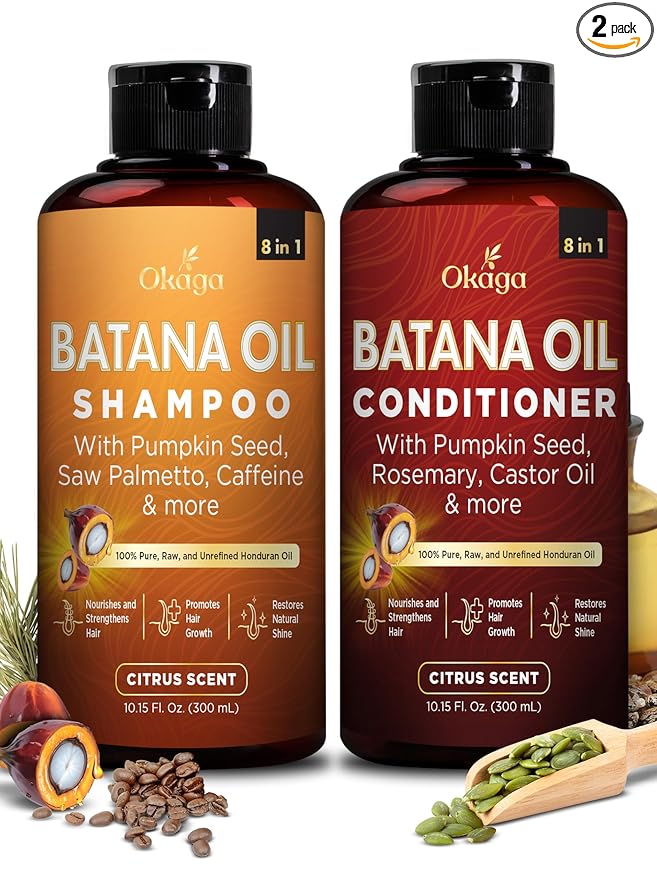 Batana Oil Shampoo & Conditioner Bundle (Okaga Shower Set) with Aloe Vera Leaf Juice, Saw Palmetto, Caffeine, Biotin, Jojoba, Pumpkin Seed, Castor, Rosemary & Hydrolyzed Rice Protein