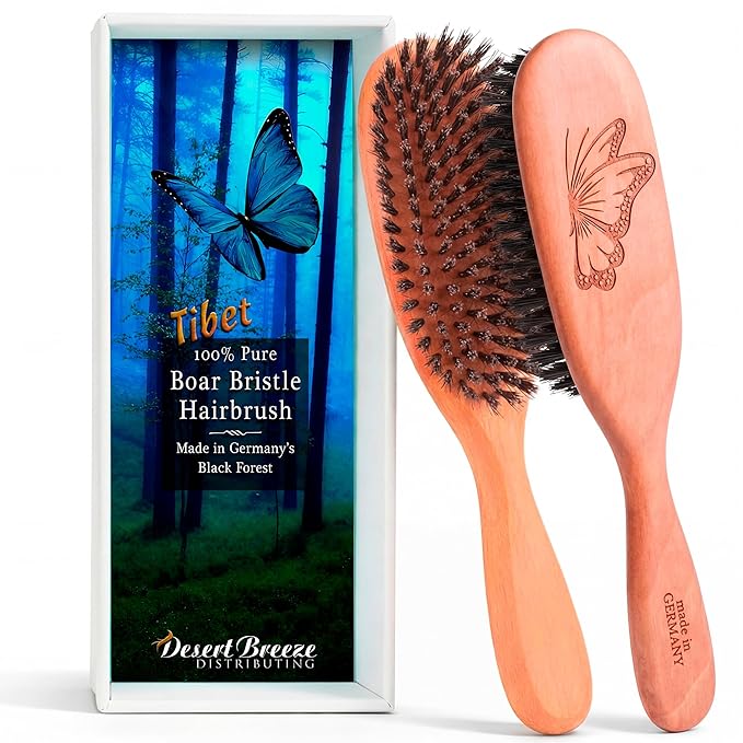 100% Wild Boar Bristle Hairbrush for Natural Healthy Hair, The Tibet brush, Medium Soft Bristles, Pear Wood Handle, for Fine or Thinning Hair, for Women & Men, Made in Germany's Black Forest