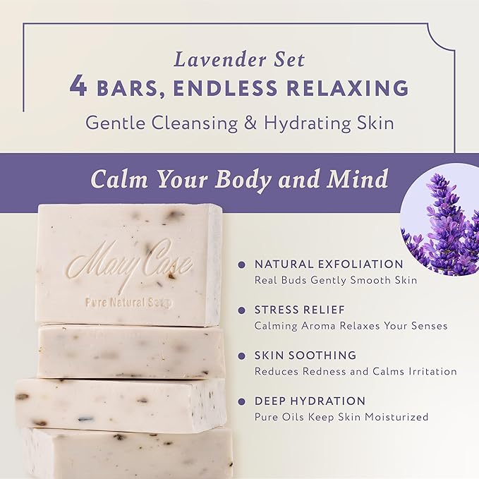 Mary Case Lavender Bar Soap Set of 4 | Natural Soap with Olive, Coconut & Oils + Dried Flowers | Vegan Bath Soap for Men & Women | Gentle Cleansing & Hydrating Skin