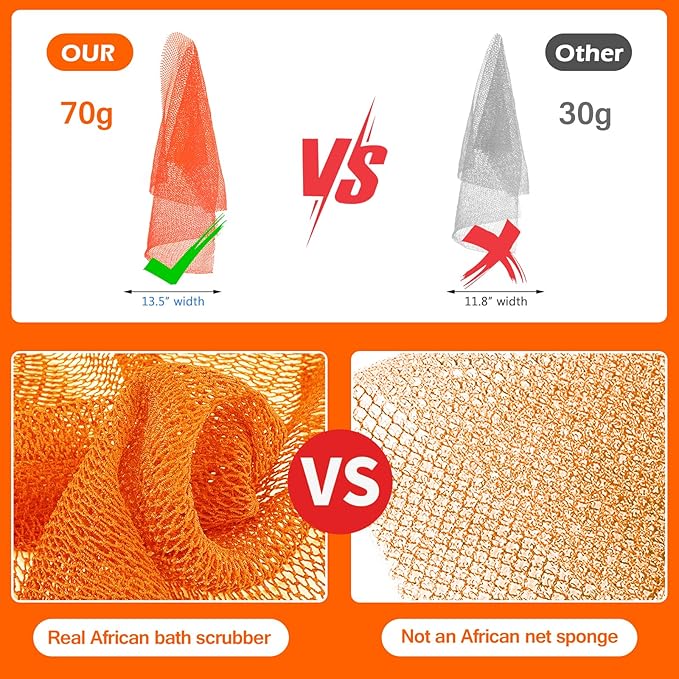 ZOCY African Net Sponge, Authentic Exfoliating Body Scrubber for Bath and Shower, Multiple Textures with Gentle Deep Exfoliating and Rich Lather for All Skins (Orange)