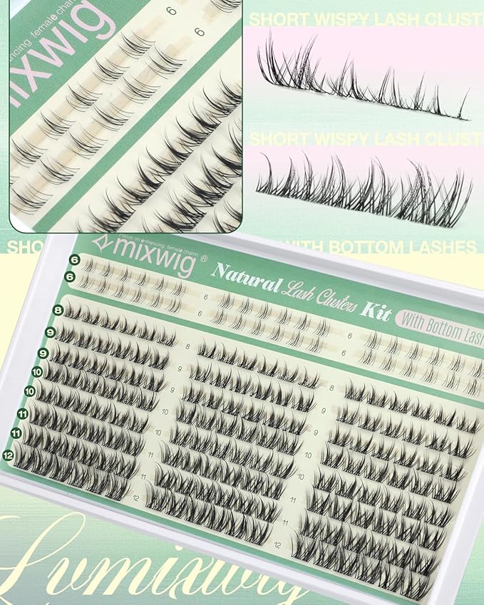 Short Lash Clusters Kit Natural Lash Extension Kit Wispy Eyelash Clusters with Bottom Lashes 8-12MM Manga Cluster Eyelash Extensions C Curly DIY Cluster Lashes Bond and Seal Tweezers by Lvmixwig