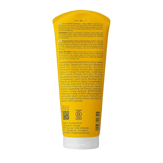 Weleda Baby Calendula 2-in-1 Gentle Shampoo and Body Wash, 6.8 Fluid Ounce, Plant Rich Cleanser with Calendula and Sweet Almond Oil