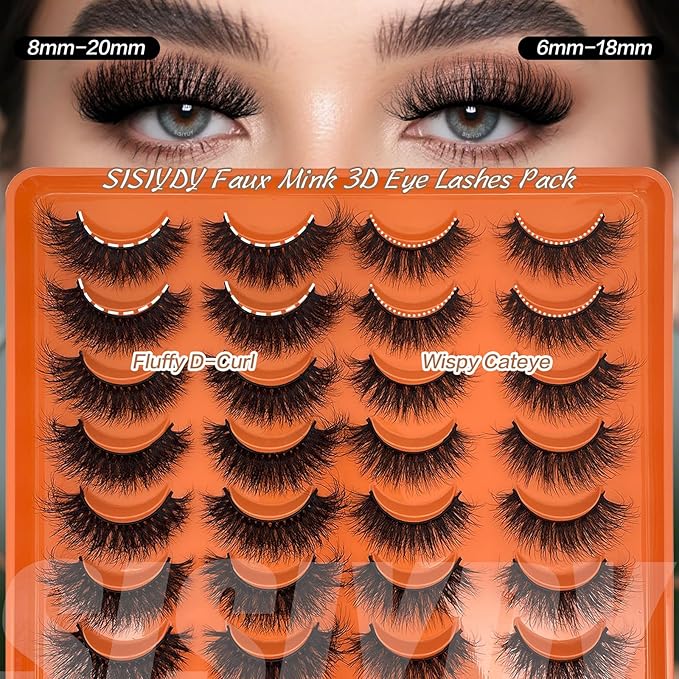 False Eye Lashes Strips Wispy Faux Mink 3D Cat Eyelashes 18mm 20mm Long Fluffy D Curl Strips Lashes Multipack Pack 2 Styles Mixed Lash Bulk YH320