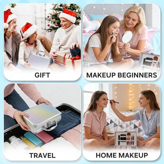 Color Nymph Beginner Makeup Kits For Teens With Train Case Included Full Makeup Kit Eyeshadow Palette Blushes Bronzer Highlighter Lipstick Brushes Mirror (White)