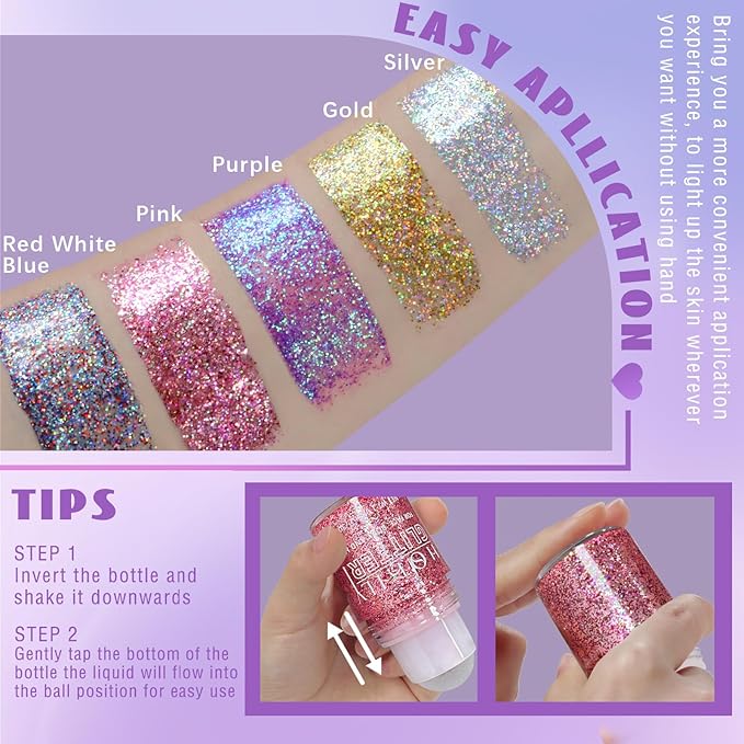 HOSAILY Roll-on Holographic Body Glitter Gel for Face Hair, Chameleon Color Changing Glitter Gel Under Light, Chunky Mermaid Sequins Festival Party Rave Accessories Shimmer Makeup (Pink)
