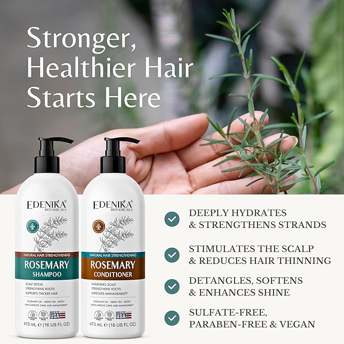 Edenika Botanicals Rosemary Oil Shampoo & Conditioner Set with Biotin for Thinning Hair & Anti-Hair Loss, Strengthening Botanical Formula, Women & Men, Sulfate-Free, Organic, 16 fl oz Each