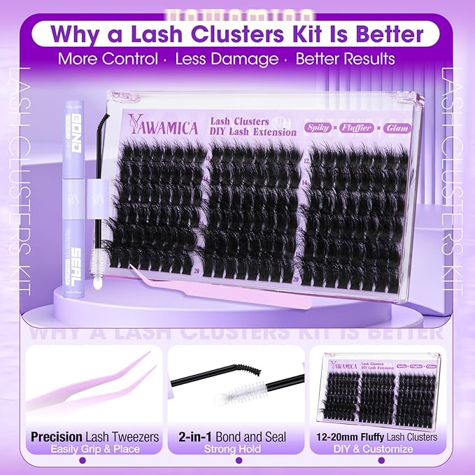 Yawamica Fluffy Lash Clusters Kit Wispy Volume Cluster Eyelash Extensions 12-20mm D Curl Individual Lash Extension Kit with 2-in-1 Lash Bond and Seal and Tweezers for Volume Wispy Lash Look