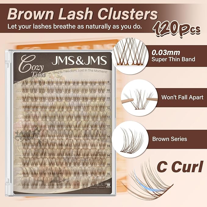 JMS&JMS Natural Brown Venus Lash Clusters, Wispy Natural Invisible Band Eyelashes, Brown Soft False Lashes Natural Look