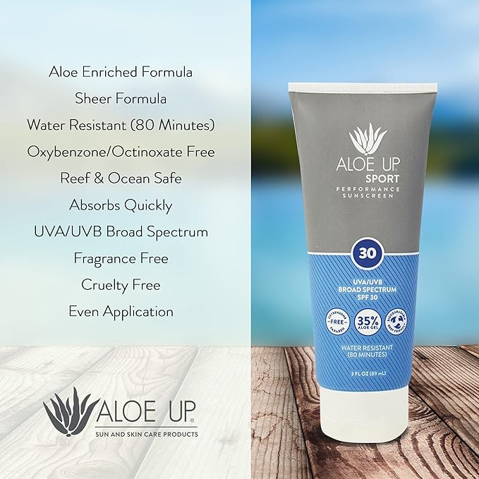 Aloe Up Sport Sunscreen Body Lotion SPF 30 | Broad Spectrum Sunblock Aloe Vera Gel | Non-Greasy,Skin Sun Protection, No White Cast | Reef Friendly, Water Resistant 80 Minutes | Fragrance-Free, 3 Oz