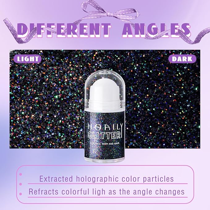 HOSAILY Roll-on Black Body Glitter Gel for Face Hair, Holographic Chameleon Color Changing Face Paint Glitter Halloween Cosplay SFX Makeup, Chunky Sequins Festival Shimmer Makeup for Women Kids