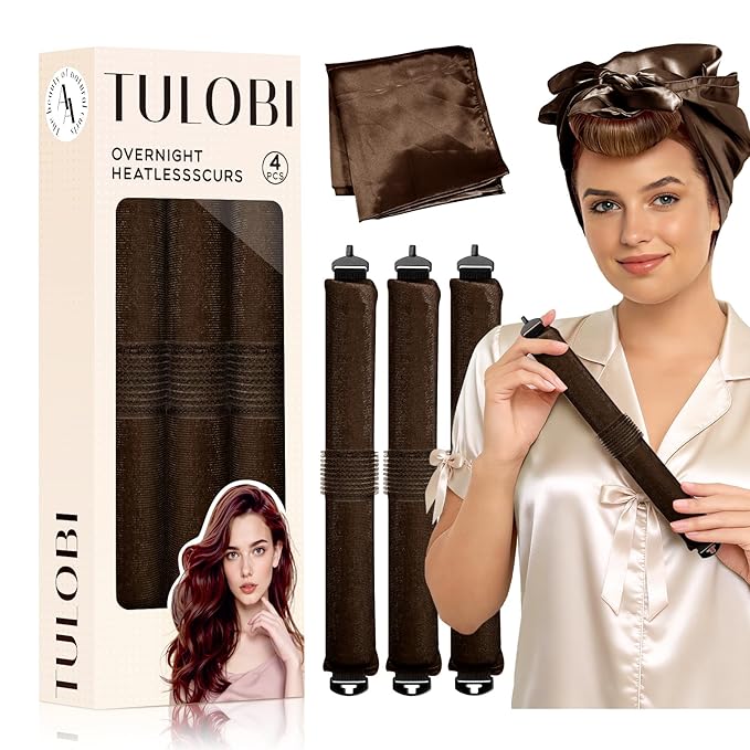 TULOBI 3 Pcs Heatless Curls Overnight - Upgraded Velvet Heatless Curls with Velcro Fastener, Overnight Jumbo Blowout Rods, Hair Curlers to Sleep in for Fine/Thick/Long Hair (Brown)
