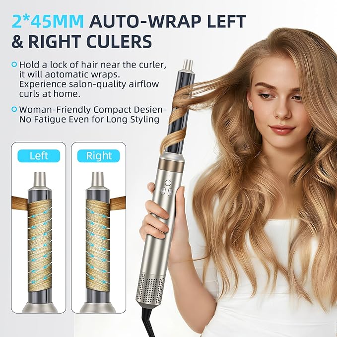 6-in-1 Hot Air Styler & Blow Dryer Brush, Ionic Hair Dryer Volumizer, Multi-Function with Interchangeable Attachments for Curling, Straightening & Fast Drying, Ideal Gift for Women(Champagne Gold)