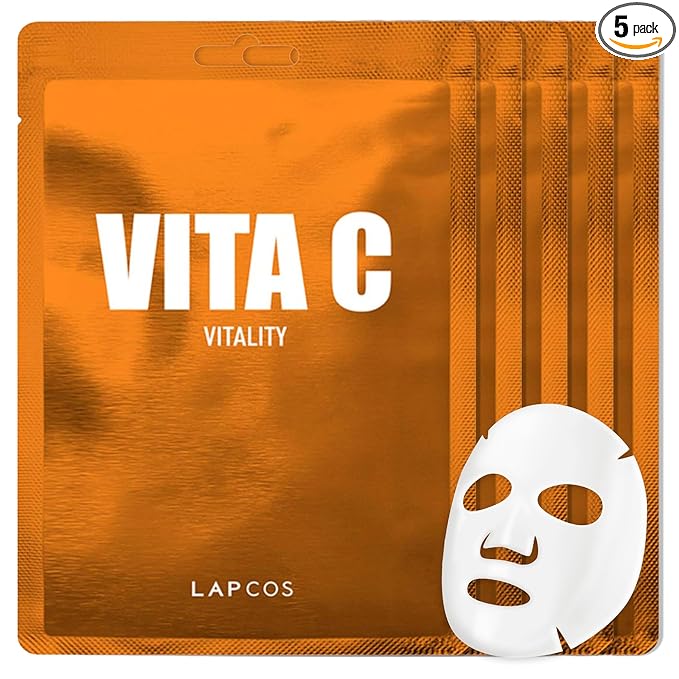 LAPCOS Vita C Sheet Mask - Rejuvenating & Revitalizing Face Masks with Vitamin C for Dull, Tired Skin - Highly Breathable Eucalyptus-derived Tencel Sheet - Korean Skin Care (Pack of 5)