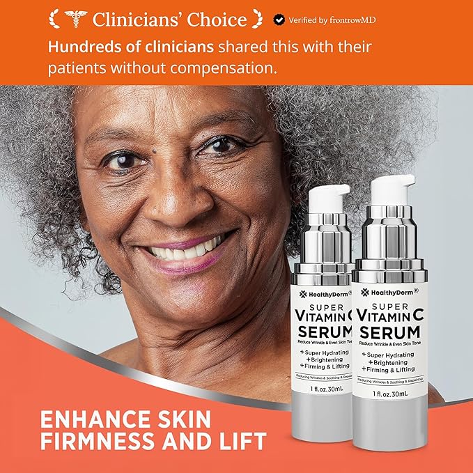 Super Vitamin C Serum for Women Over 70: Niacinamide, Vitamin C, Hyaluronic Acid, Peptides, Vitamin E, Caffeine, Bakuchiol, Hydrating, Lifting, Wrinkle & Age Spots Reduction Pack of 2