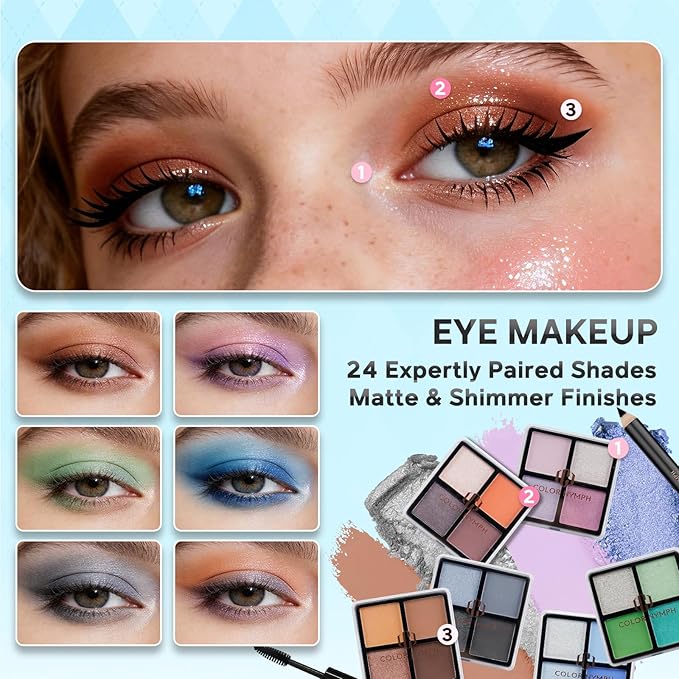 Color Nymph Beginner Makeup Kits For Teens With Train Case Included Full Makeup Kit Eyeshadow Palette Blushes Bronzer Highlighter Lipstick Brushes Mirror (White)