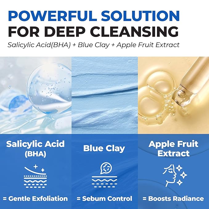 JUMISO Salicylic Acid 0.5% BHA Foaming Cleanser with Blue Clay – Low pH Face Wash for Oily Acne-Prone Skin – Blackhead & Strawberry Nose Care, Non-Stripping Daily Use, Fragrance-Free, 4.23 oz