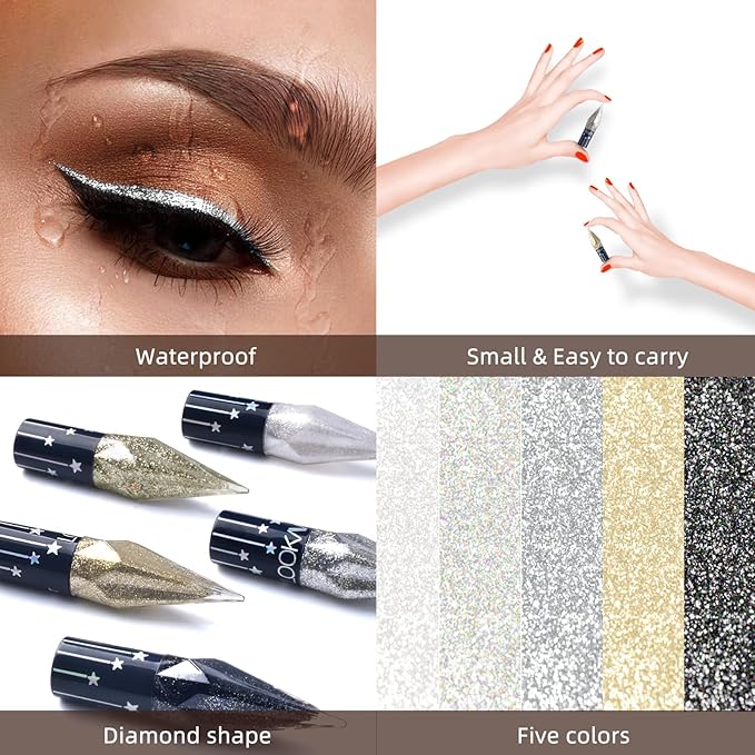 Glitter Liquid Eyeliner Colorful Set,5 Colors Metallic Shimmer White Black Silver Gold Grey Eyeliner Waterproof Long Lasting Sparkle Glitter Liquid Eyeshadow Dazzling Mother's Day Eye Makeup for Women