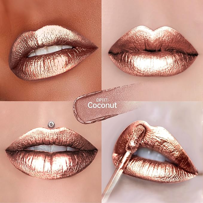 Depuplum Nude Lipsticks for Women Metallic Lipstick Long Lasting Shimmer Lip Gloss Metal Shine Glitter Waterproof Lipsticks Full Coverage Lip Color for Mother's Day,DP117 Coconut