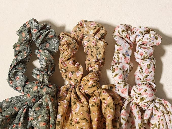 3pcs Women Ribbon Scrunchies Bow Knotted Classic Floral Pattern Hair Ties Vintage Bunny Ear Ponytail Holders Hair Accessories